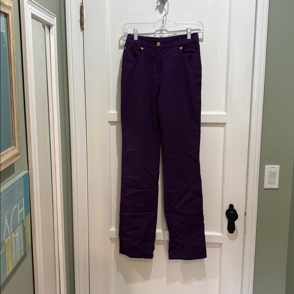 St John purple denim jeans size 0 gold logo button